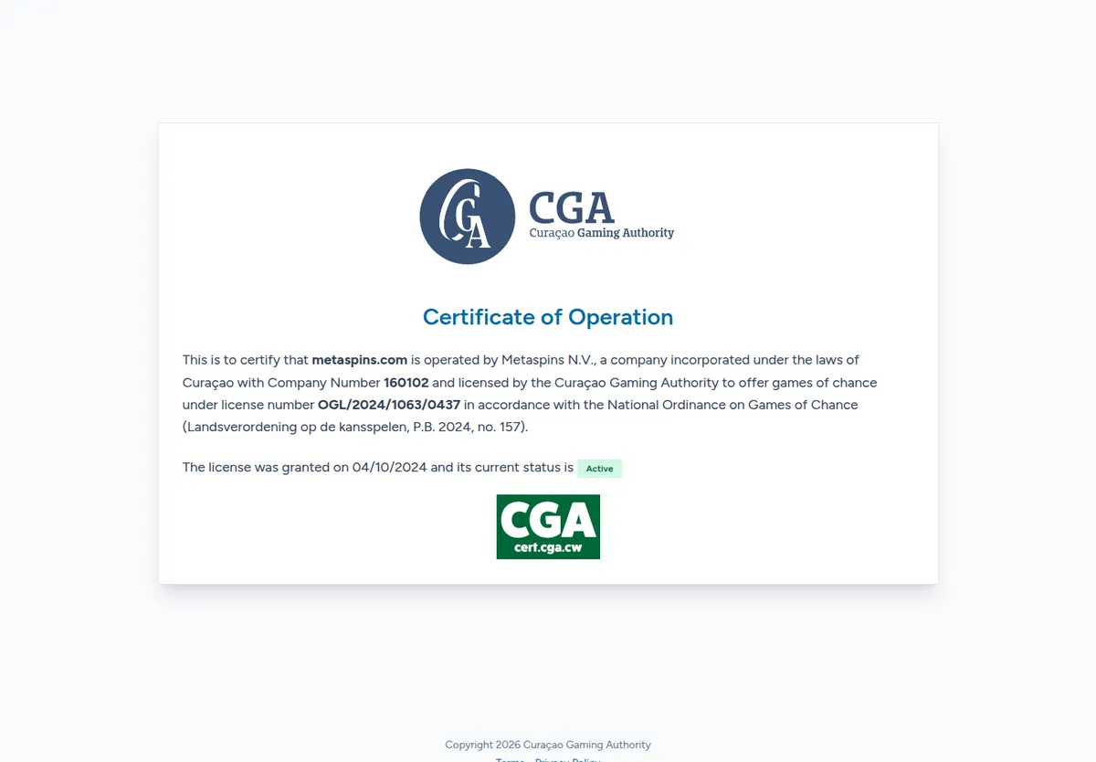 The Curaçao Gaming Authority certificate for metaspins.com
