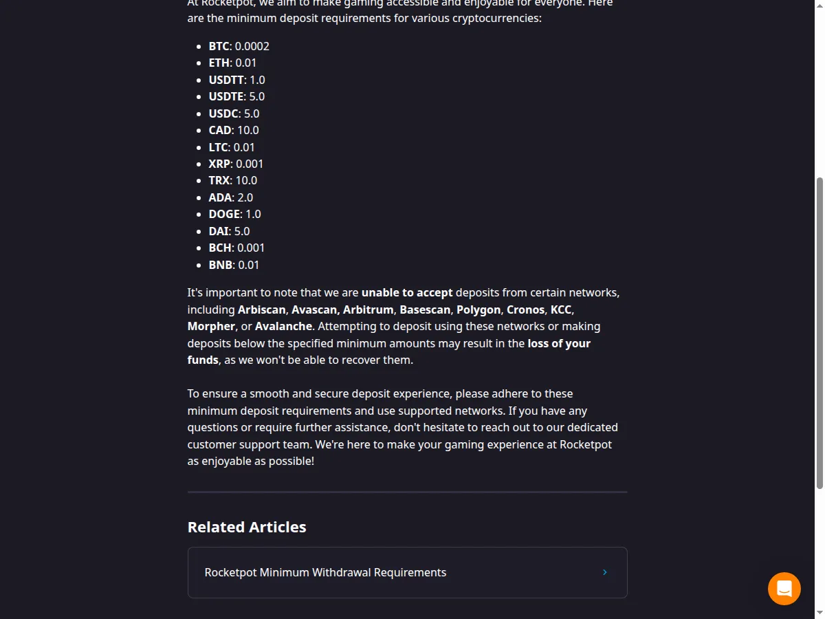 La pagina di Rocketpot sui depositi minimi e sulle reti escluse