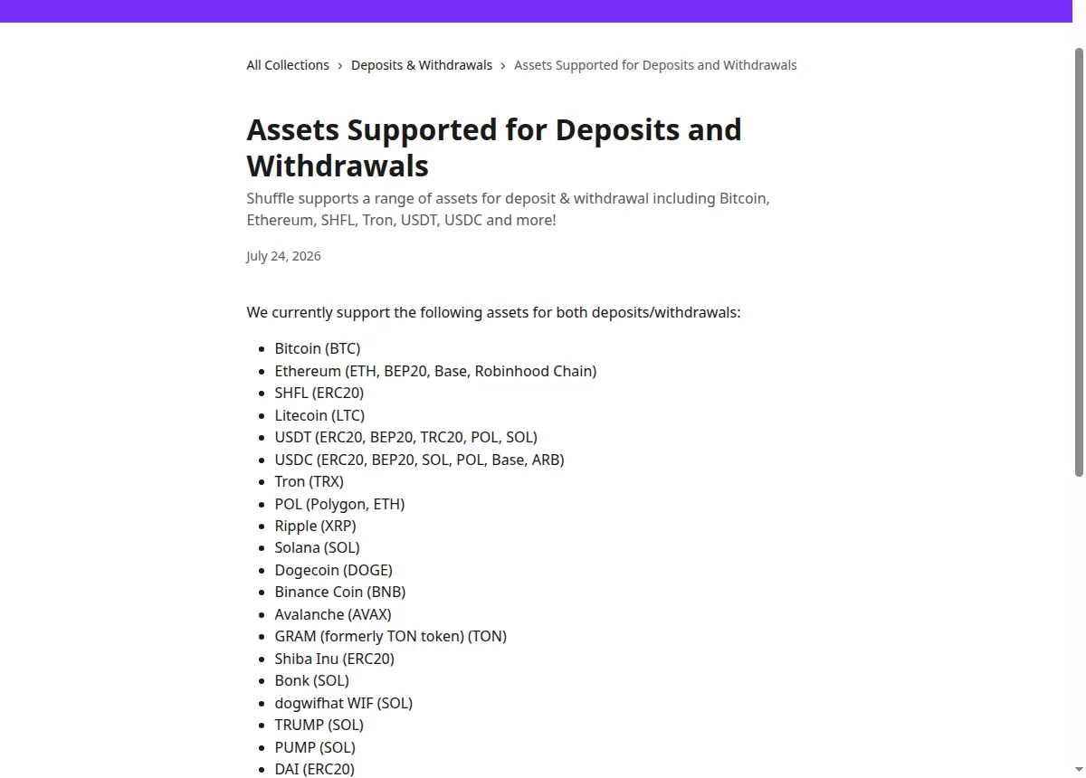 List of the coins and networks Shuffle accepts