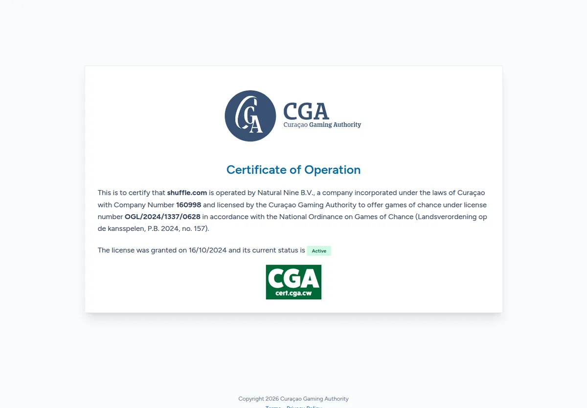 Il certificato della Curaçao Gaming Authority per shuffle.com