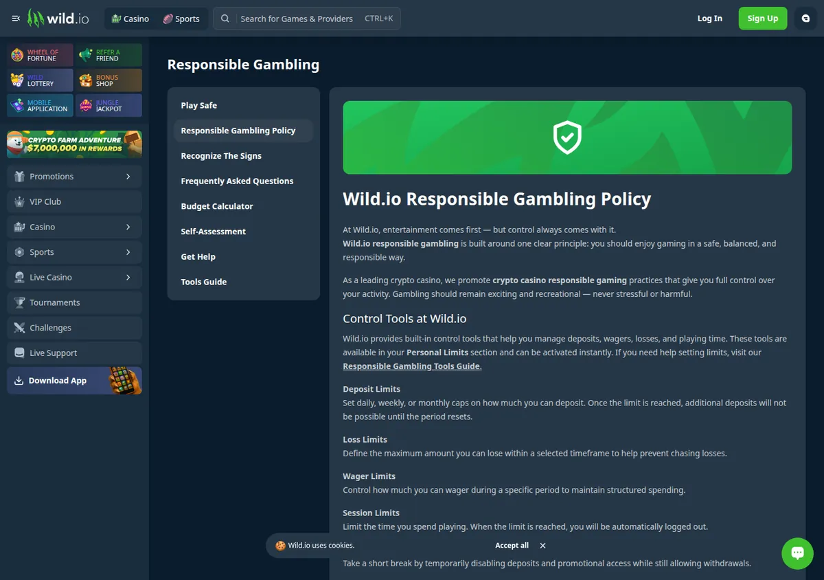 La pagina di Wild.io sul gioco responsabile con i blocchi dei limiti