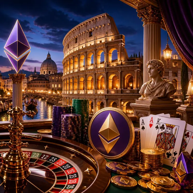 Illustration: a roulette wheel and an Ethereum coin in front of the Colosseum at night