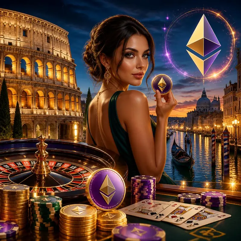 Illustrazione: una giocatrice al tavolo della roulette con una moneta Ethereum e il ponte di Rialto
