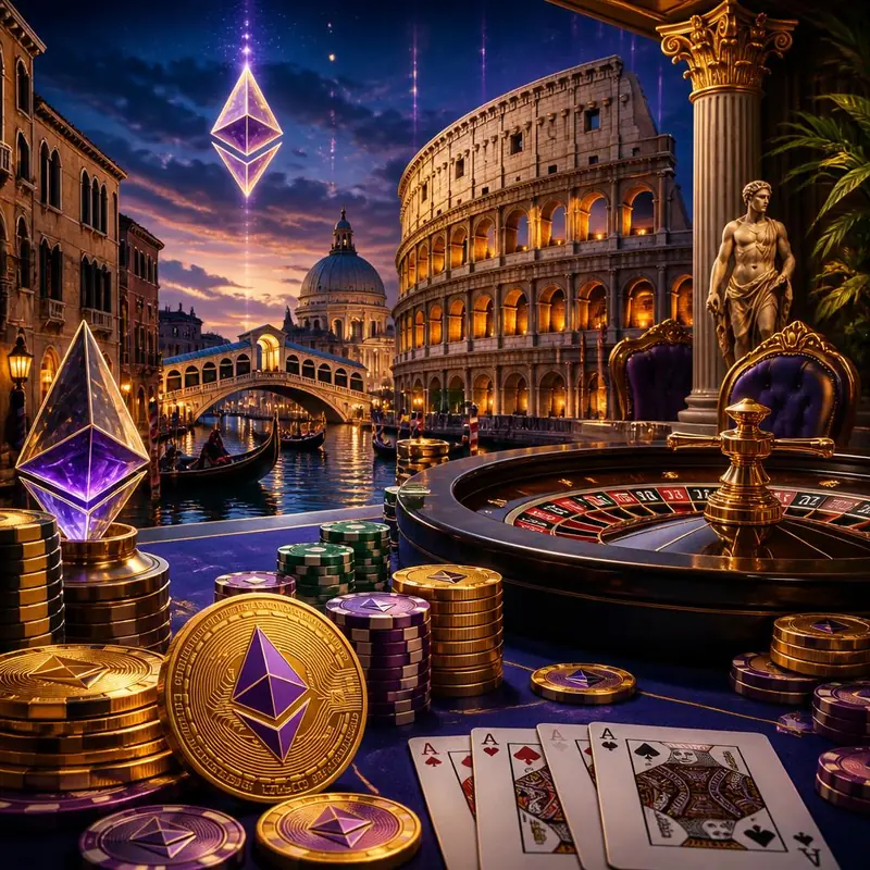 Illustration: chips, cards and ETH coins with the Colosseum and the Grand Canal behind them