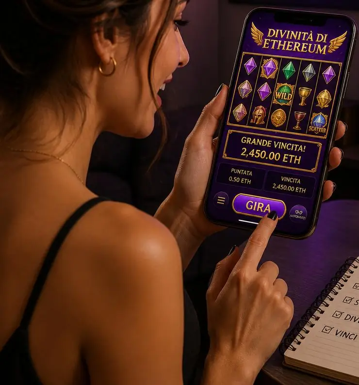 Illustrazione: una ragazza avvia una slot a tema Ethereum dal telefono
