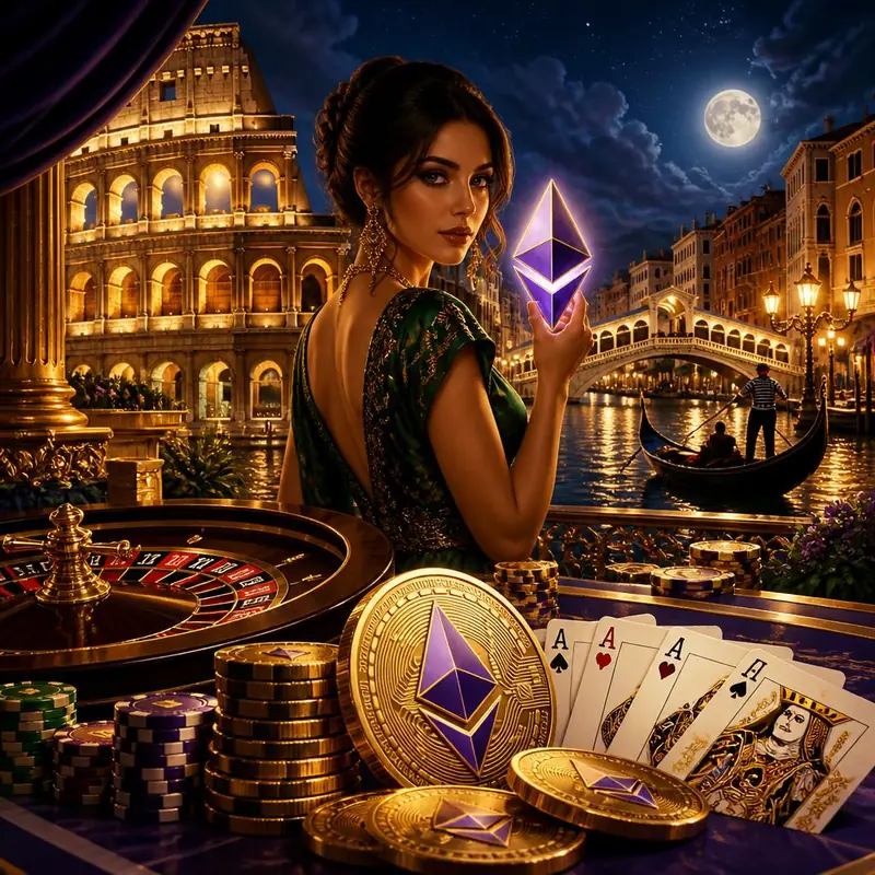 Illustrazione: una giocatrice con una moneta Ethereum davanti a Venezia e al Colosseo